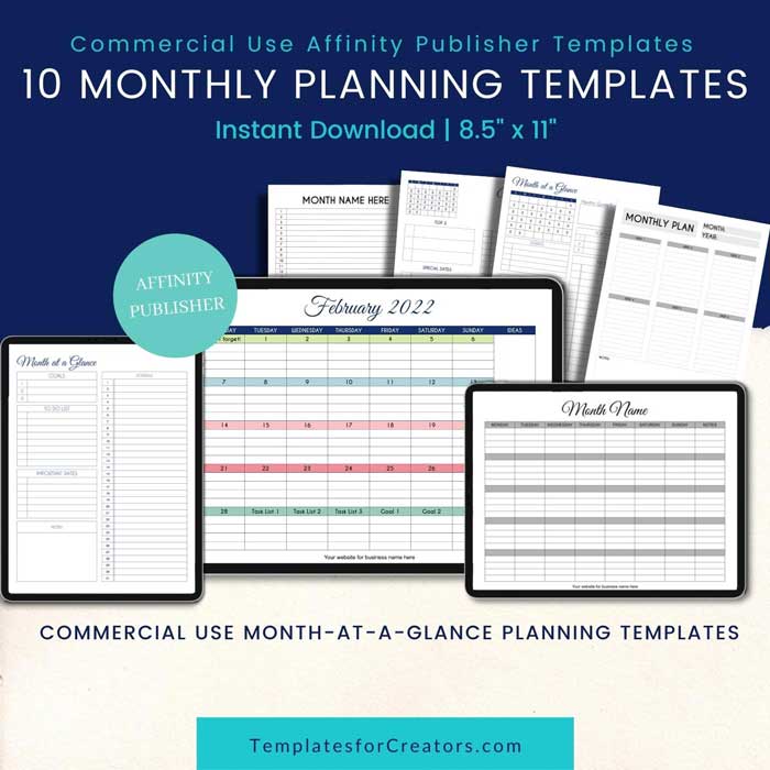 Commercial use monthly planner templates